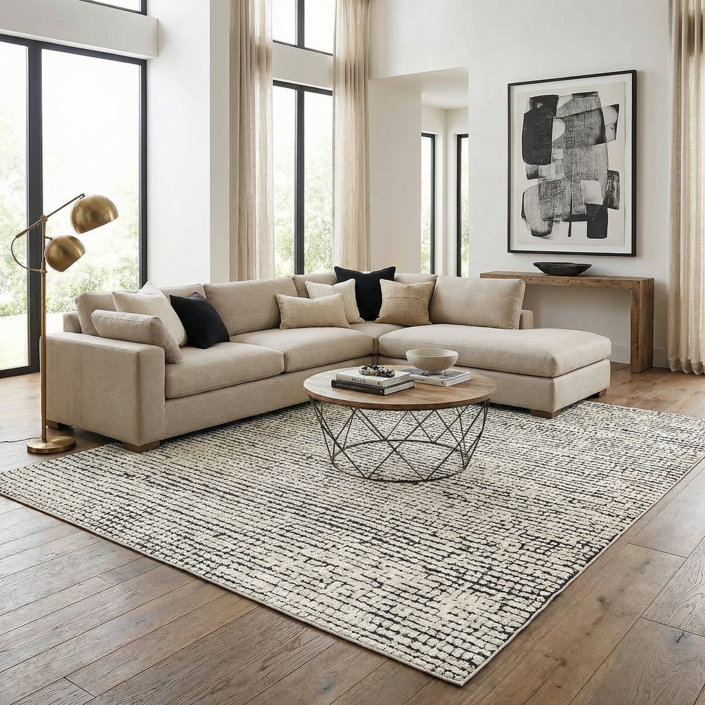 Keita Cream & Black Grid Plush Rug