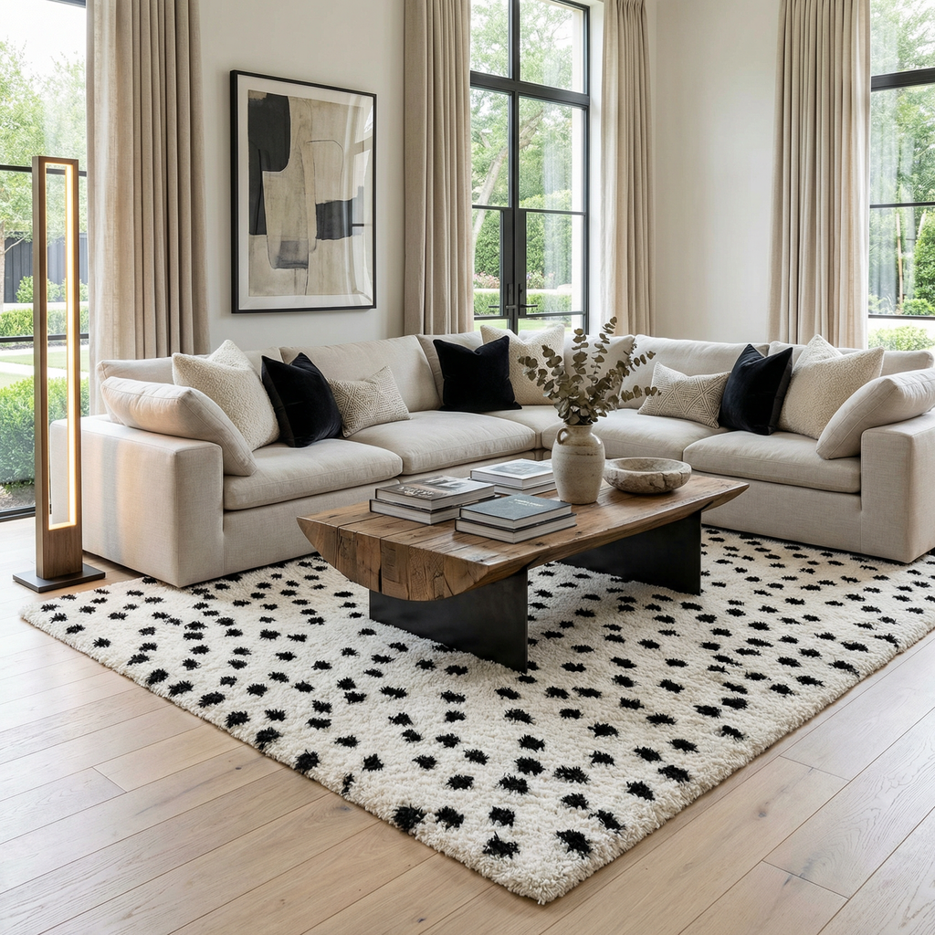 Cansu Black & White Dotted Area Rug