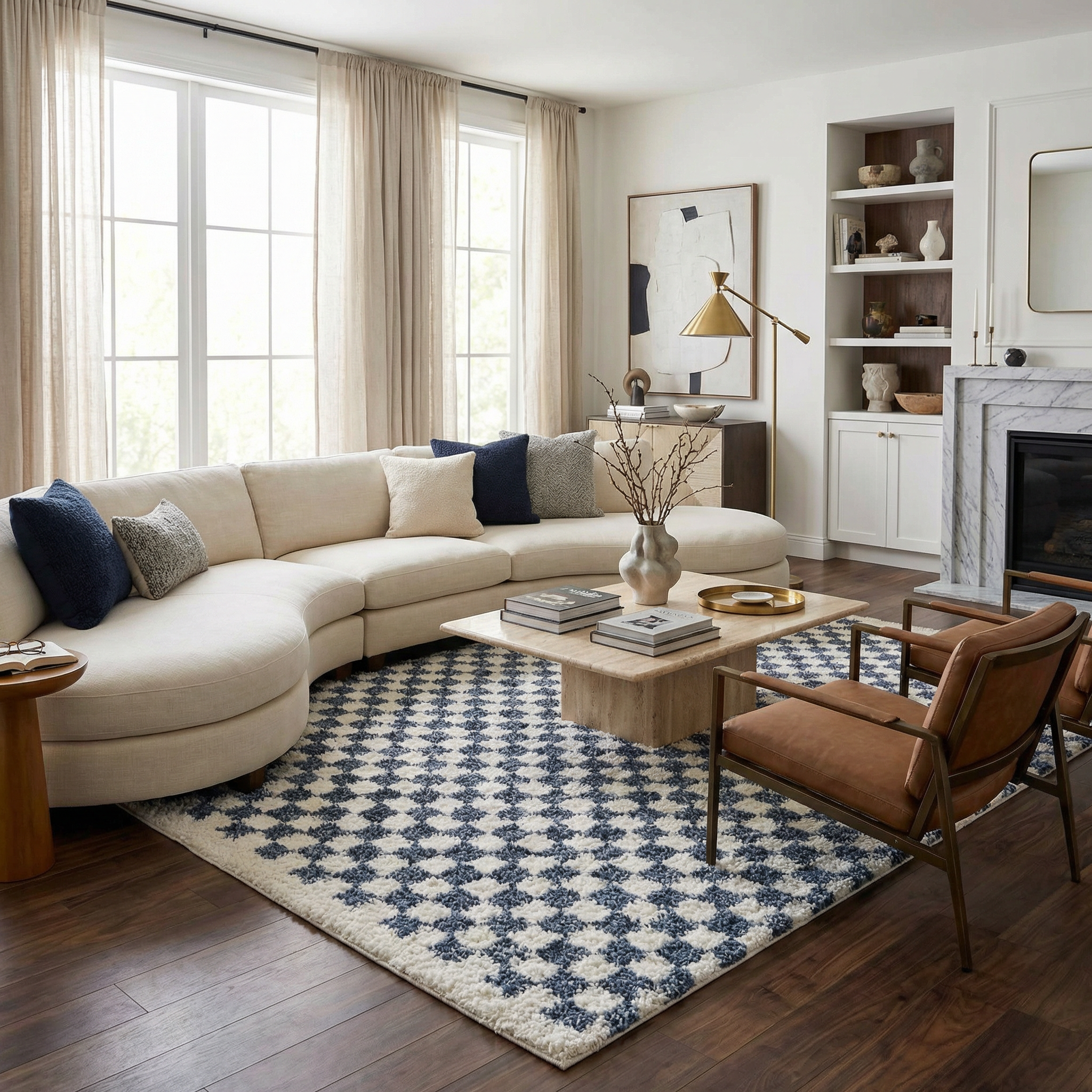 Kieu Blue & White Checkered Area Rug