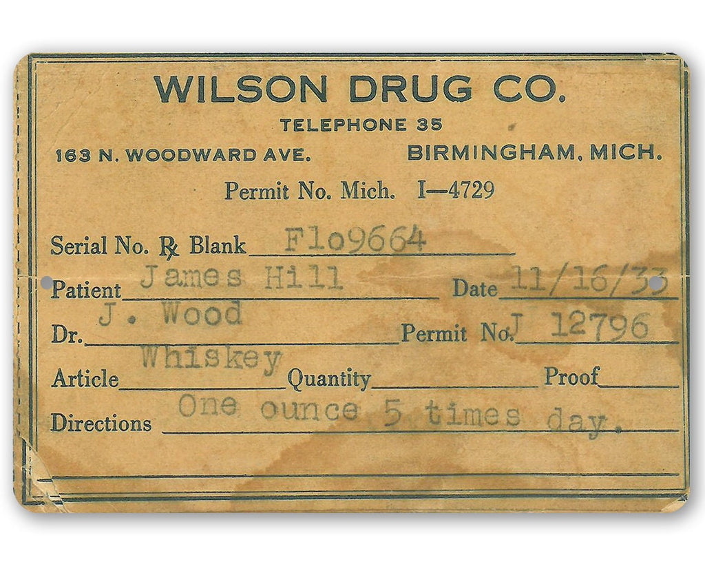 Prohibition Whiskey Prescription - Metal Sign