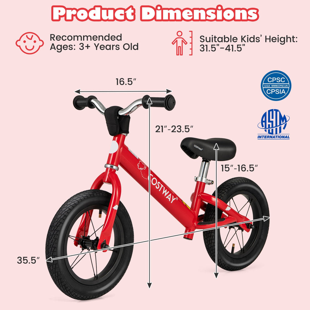 12 Inch Toddler Balance Bike with Height Adjustable Handlebar and Seat-Red