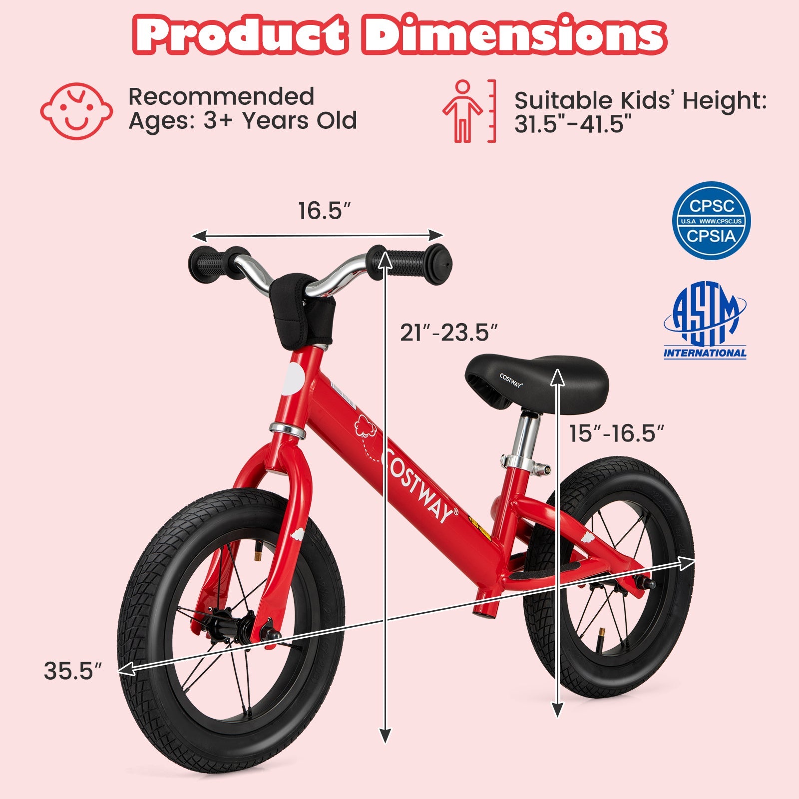 12 Inch Toddler Balance Bike with Height Adjustable Handlebar and Seat-Red