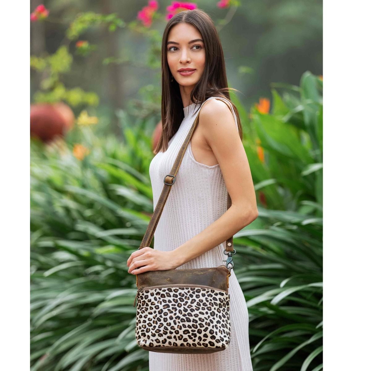 Myra Feline Hairon Leather Crossbody Bag Suede Finish, Leopard Print Front, Adjustable Strap for Everyday Chic