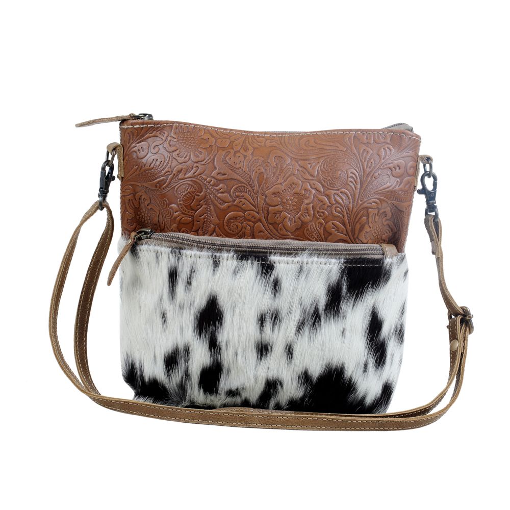 Myra Frontier Trail Embossed Leather Crossbody Bag Western Hairon Purse with Adjustable Leather Strap