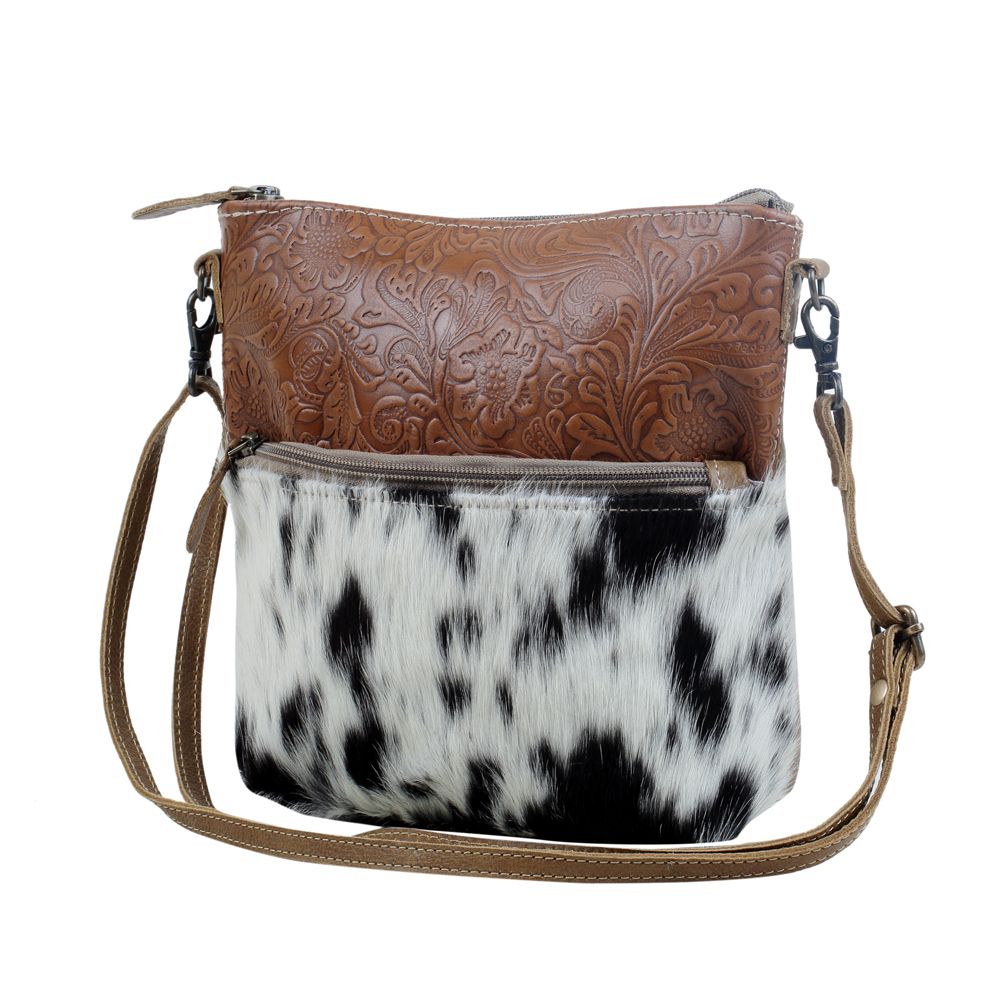 Myra Frontier Trail Embossed Leather Crossbody Bag Western Hairon Purse with Adjustable Leather Strap