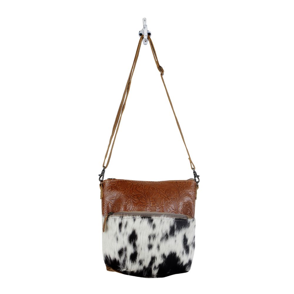 Myra Frontier Trail Embossed Leather Crossbody Bag Western Hairon Purse with Adjustable Leather Strap