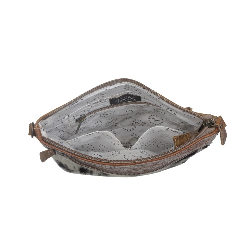 Myra Frontier Trail Embossed Leather Crossbody Bag Western Hairon Purse with Adjustable Leather Strap