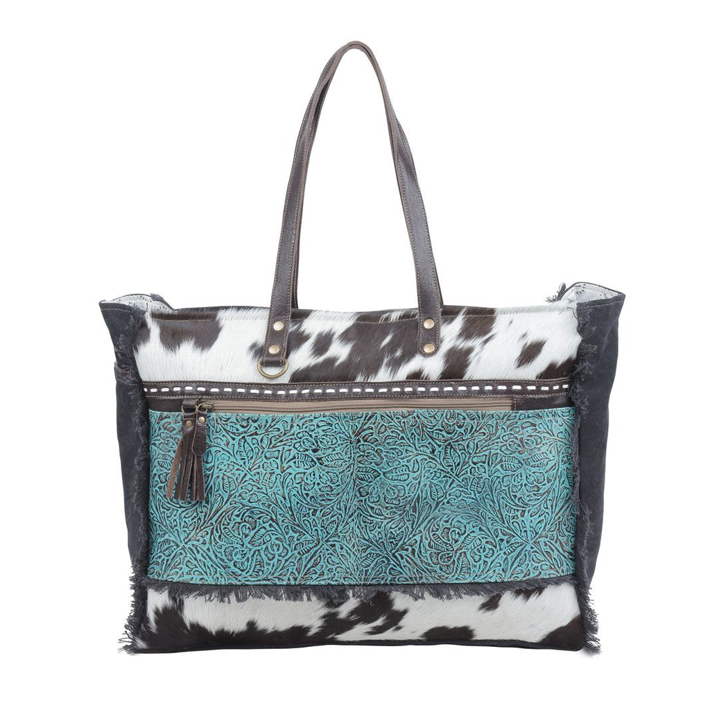 Myra Sea Grass Hair-On Leather Tote - Spacious Cowhide Bag with Embossed Front Pocket for Everyday Elegance