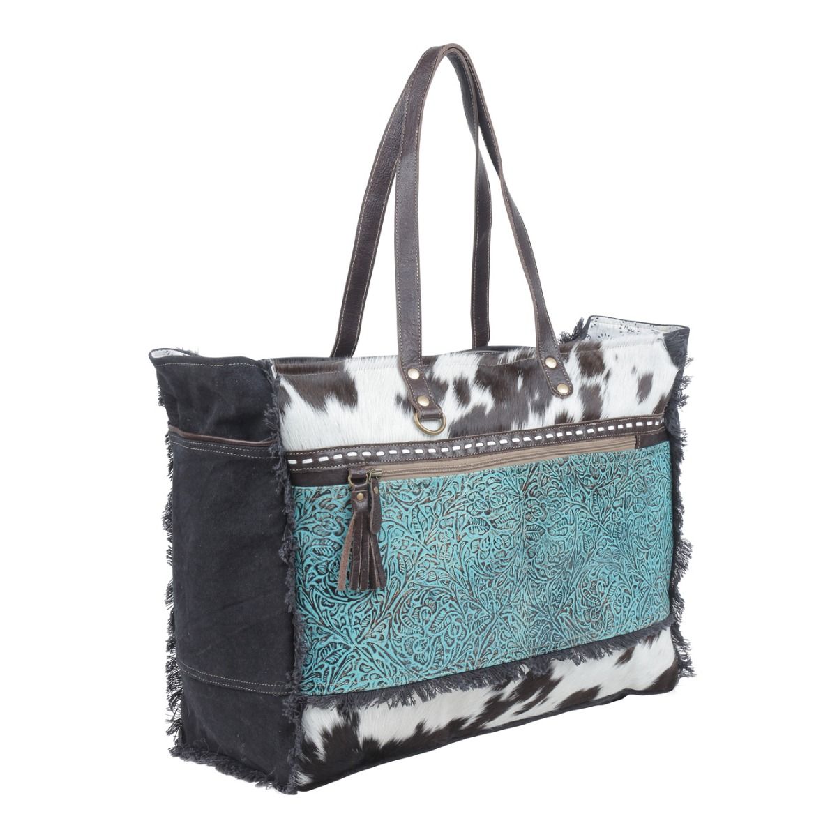 Myra Sea Grass Hair-On Leather Tote - Spacious Cowhide Bag with Embossed Front Pocket for Everyday Elegance