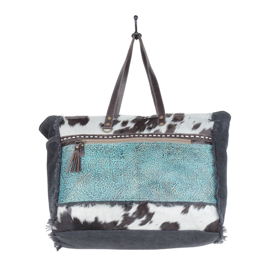 Myra Sea Grass Hair-On Leather Tote - Spacious Cowhide Bag with Embossed Front Pocket for Everyday Elegance