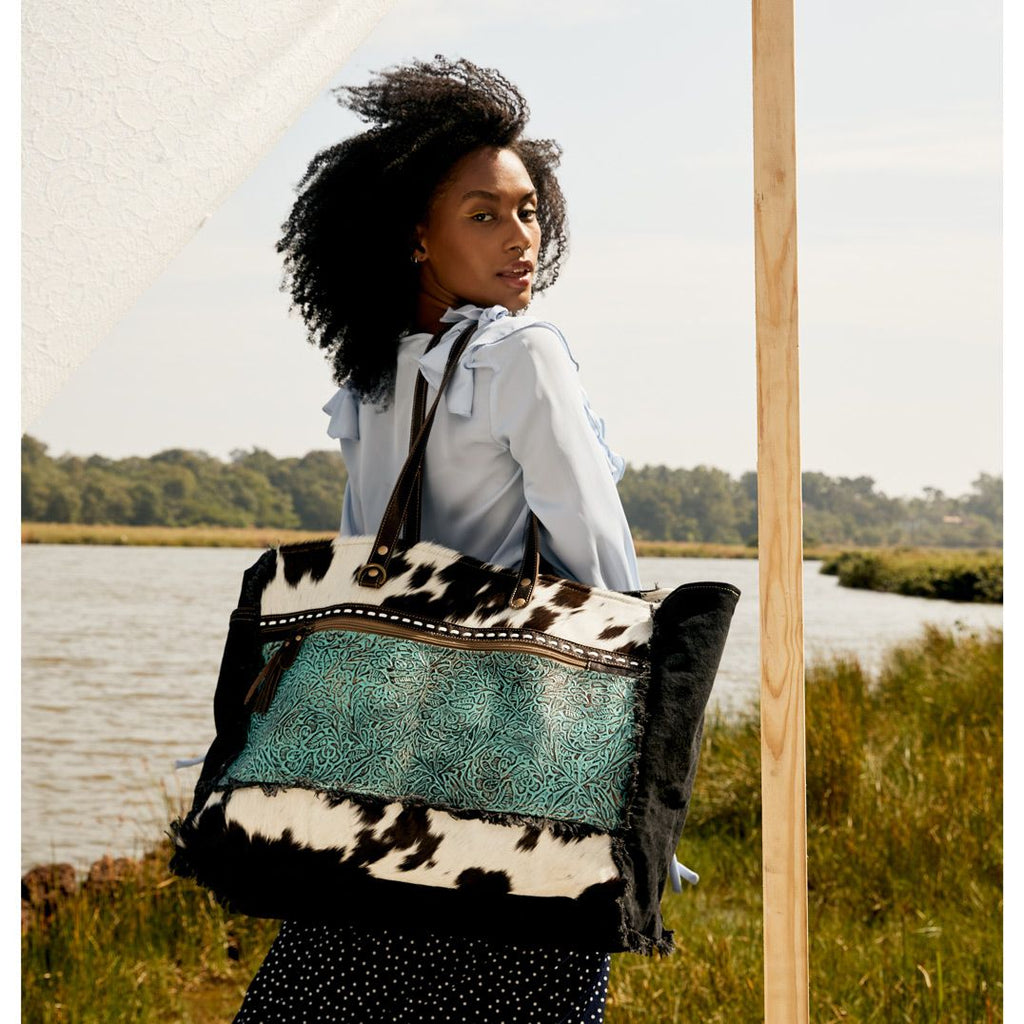 Myra Sea Grass Hair-On Leather Tote - Spacious Cowhide Bag with Embossed Front Pocket for Everyday Elegance