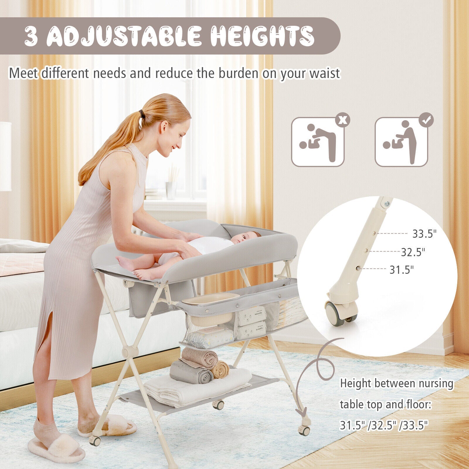 Baby Diaper Changing Table with Water Basin Wheel-Gray