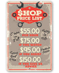Shop Price List - Metal Sign