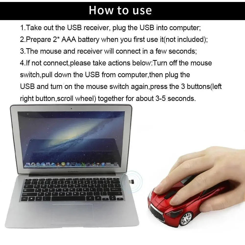 Stylish Wireless Computer Car Shape Mouse Mini 3D Ergonomic PC Gamer Mouse Retro Optical Mice 1600 DPI USB Receiver Suitable for PC/Computer/Laptop