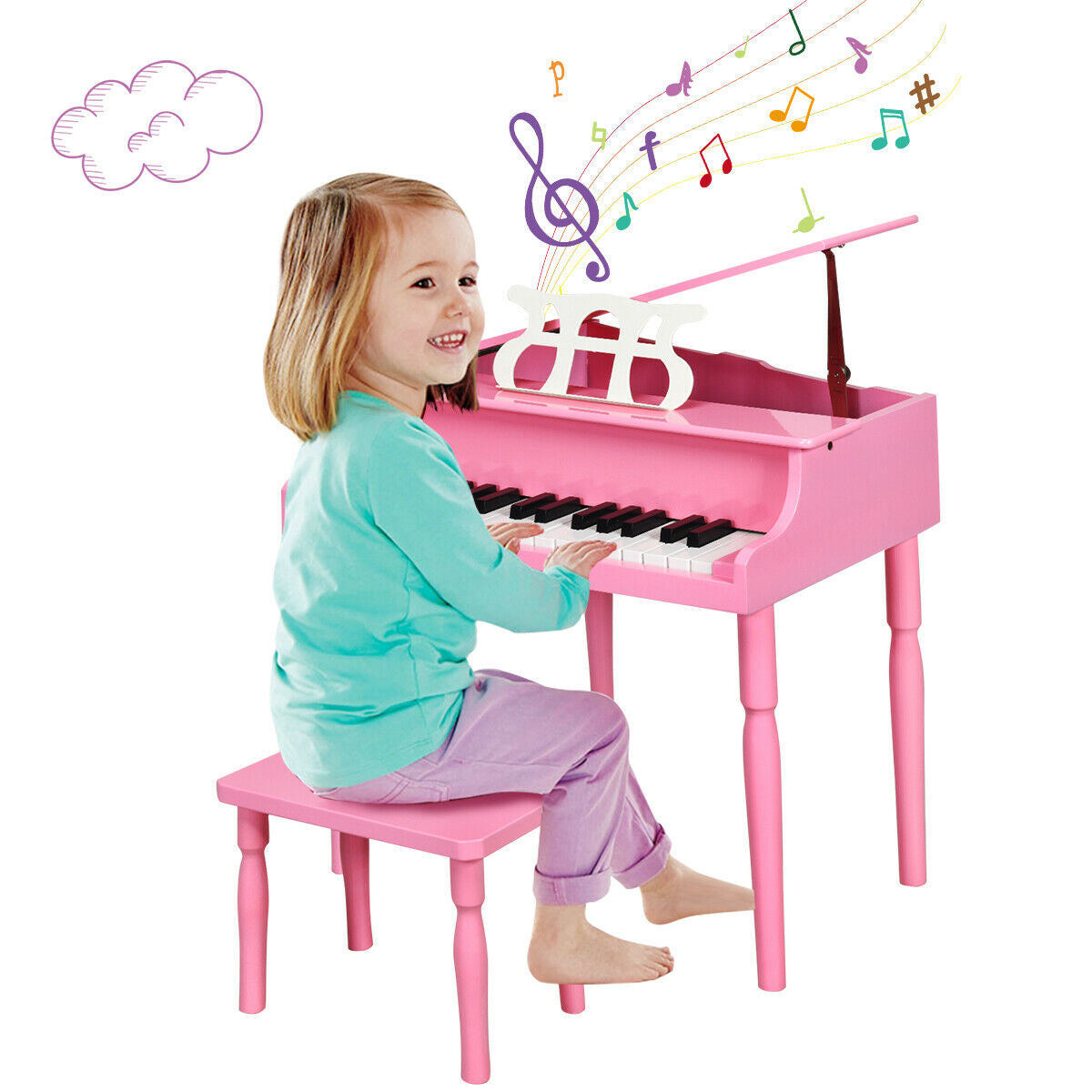 30-Key Wood Toy Kids Grand Piano with Bench & Music Rack-Pink