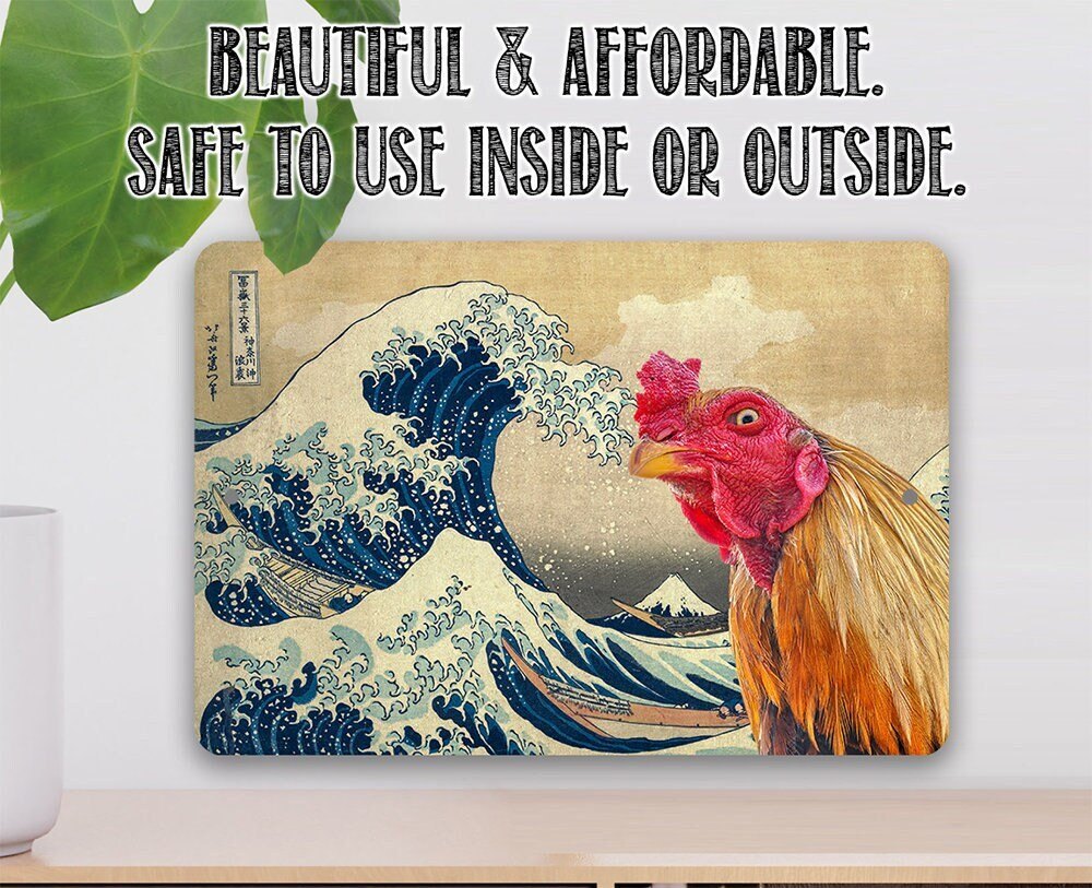 The Great Wave off Kanagawa Painting - Interrupted by Rooster - Metal Sign