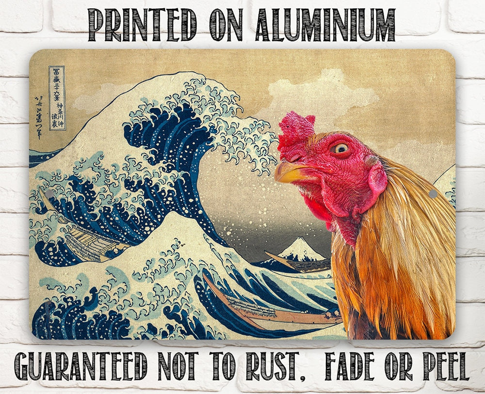 The Great Wave off Kanagawa Painting - Interrupted by Rooster - Metal Sign