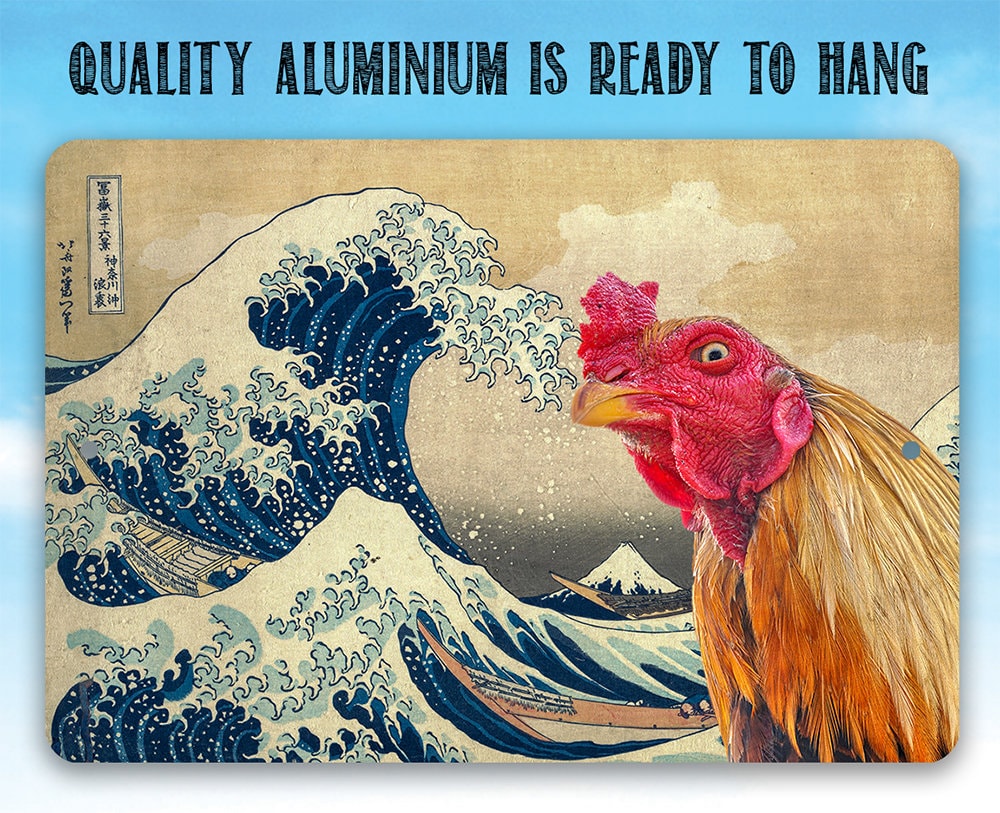 The Great Wave off Kanagawa Painting - Interrupted by Rooster - Metal Sign