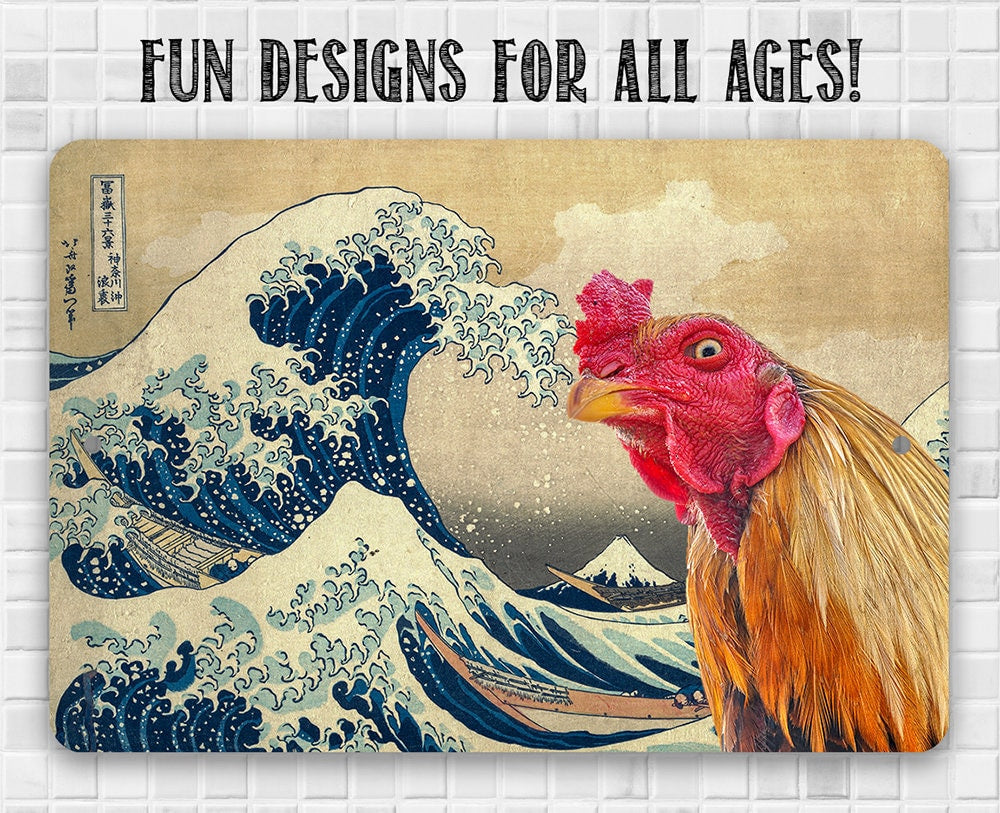 The Great Wave off Kanagawa Painting - Interrupted by Rooster - Metal Sign