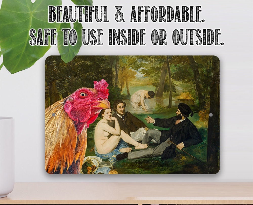 The Luncheon on the Grass Painting - Interrupted by Rooster - Metal Sign