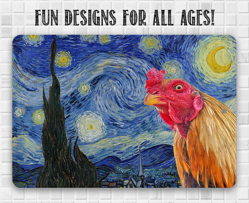 The Starry Night Painting - Interrupted by Rooster - Metal Sign