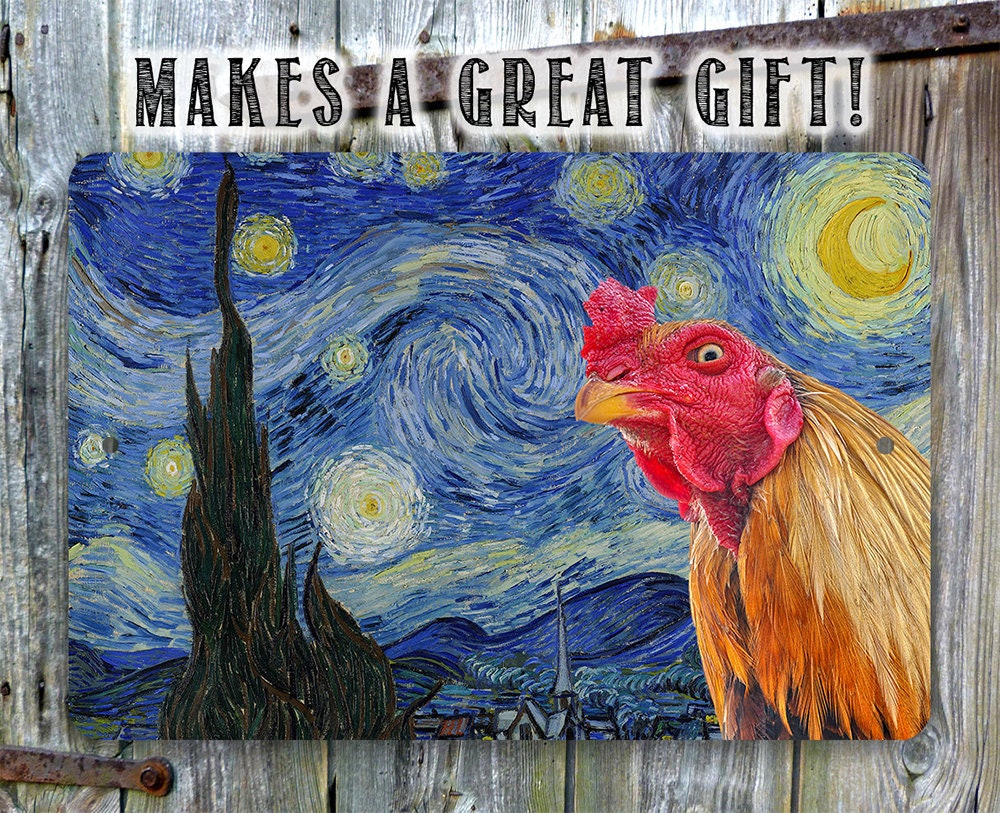 The Starry Night Painting - Interrupted by Rooster - Metal Sign