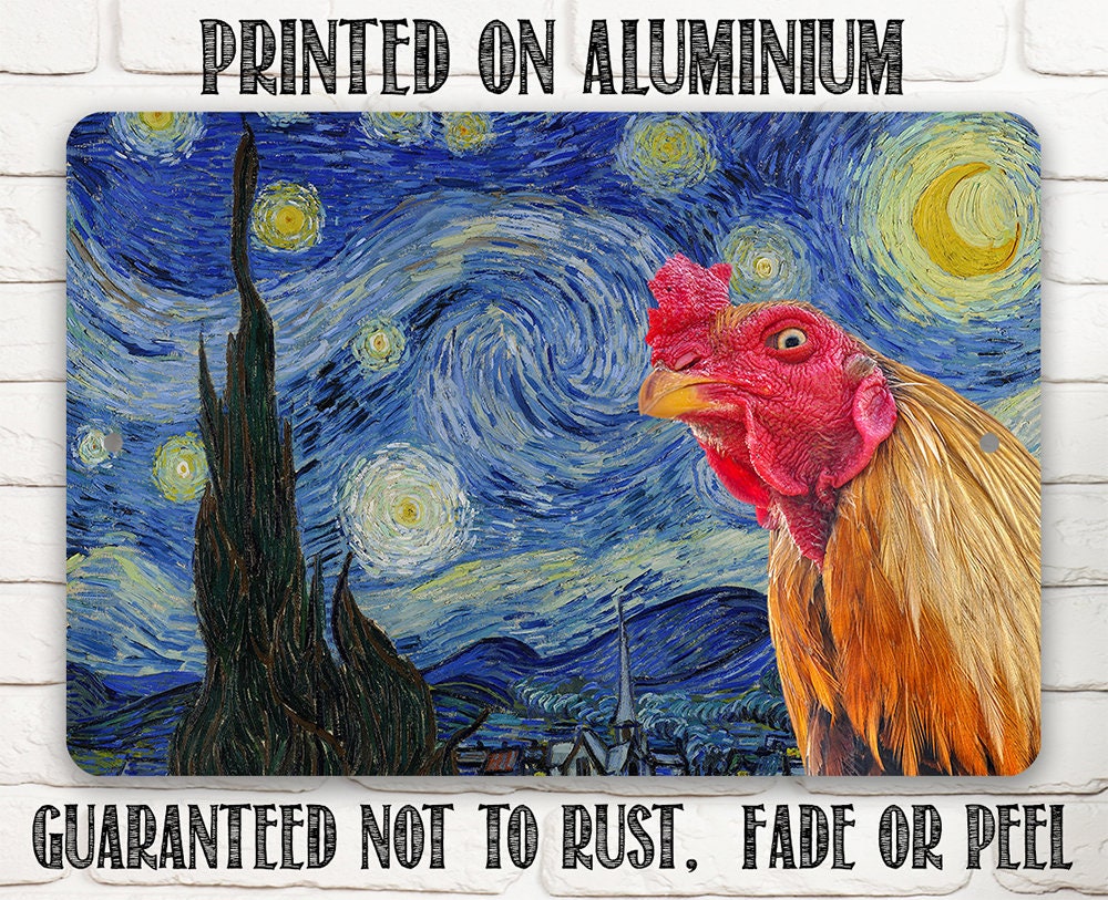 The Starry Night Painting - Interrupted by Rooster - Metal Sign