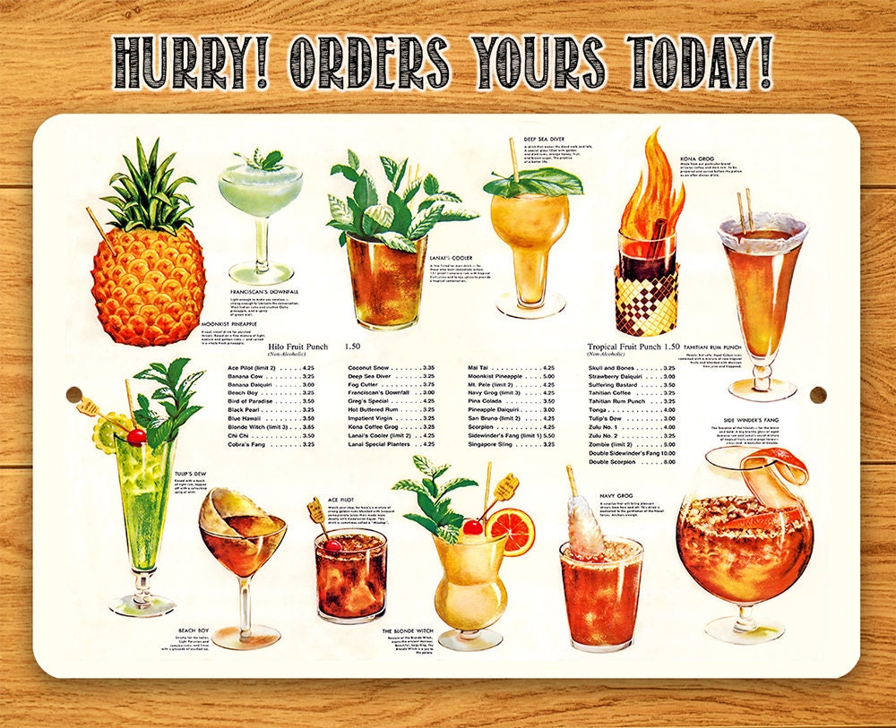 Tiki Tropical Drink Menu - Metal Sign