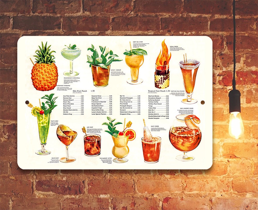 Tiki Tropical Drink Menu - Metal Sign