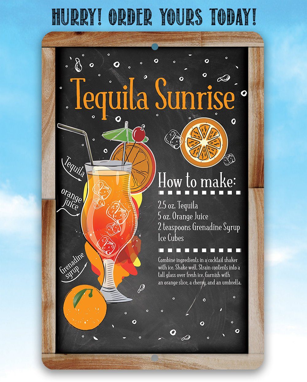 Tequila Sunrise Bar Recipe - Metal Sign
