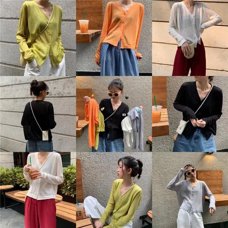Cardigan For Women Long Sleeve Cardigan Summer Cropped Cardigan Knitted V neck Thin Ice Silk Sweaters Sunscreen Shirt Tops