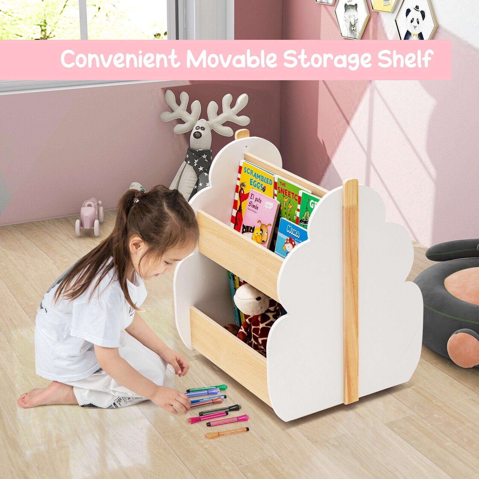 Kids Wooden Bookshelf with Universal Wheels White