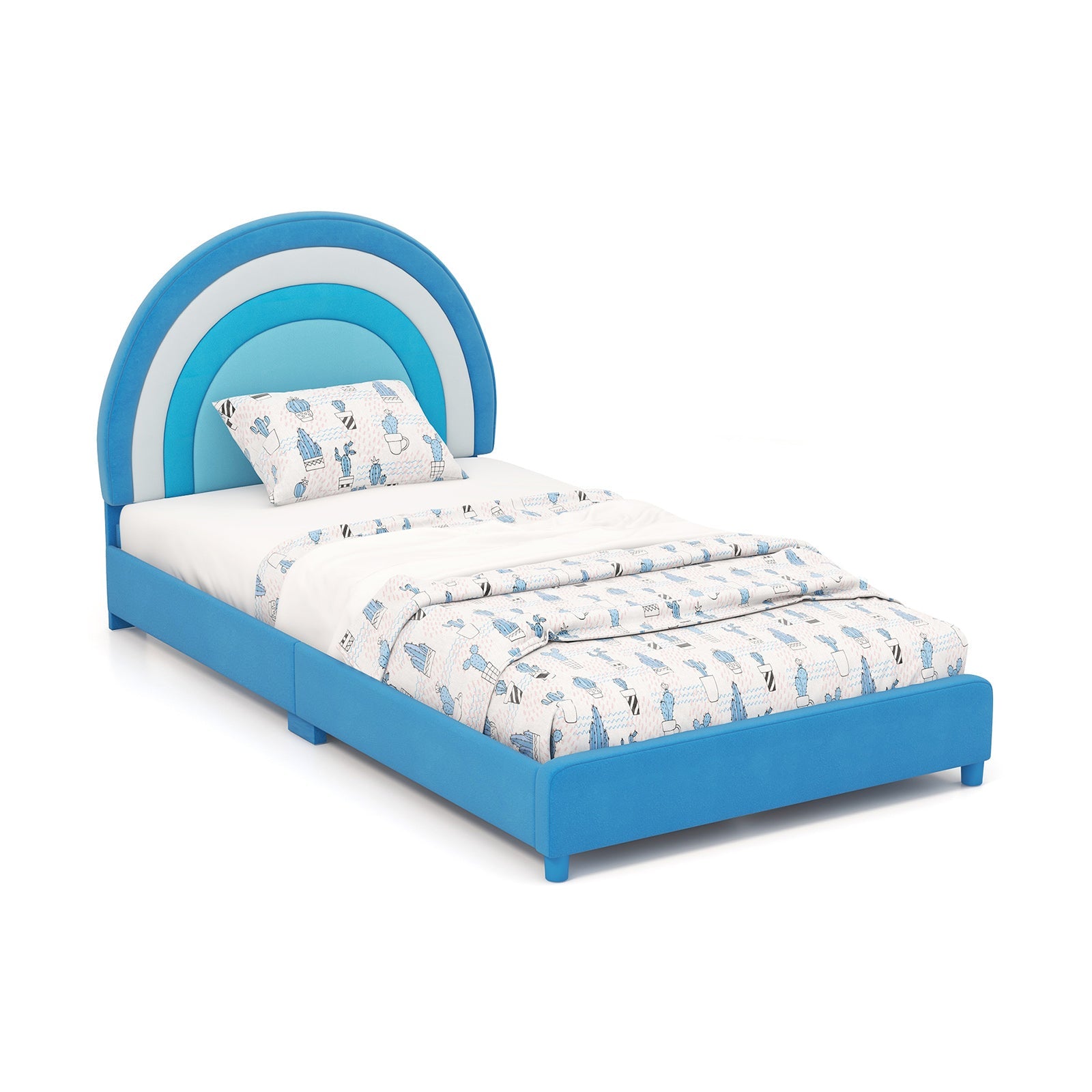 Twin Bed Frame with Height-Adjustable Headboard and Sturdy Wooden Slats-Blue