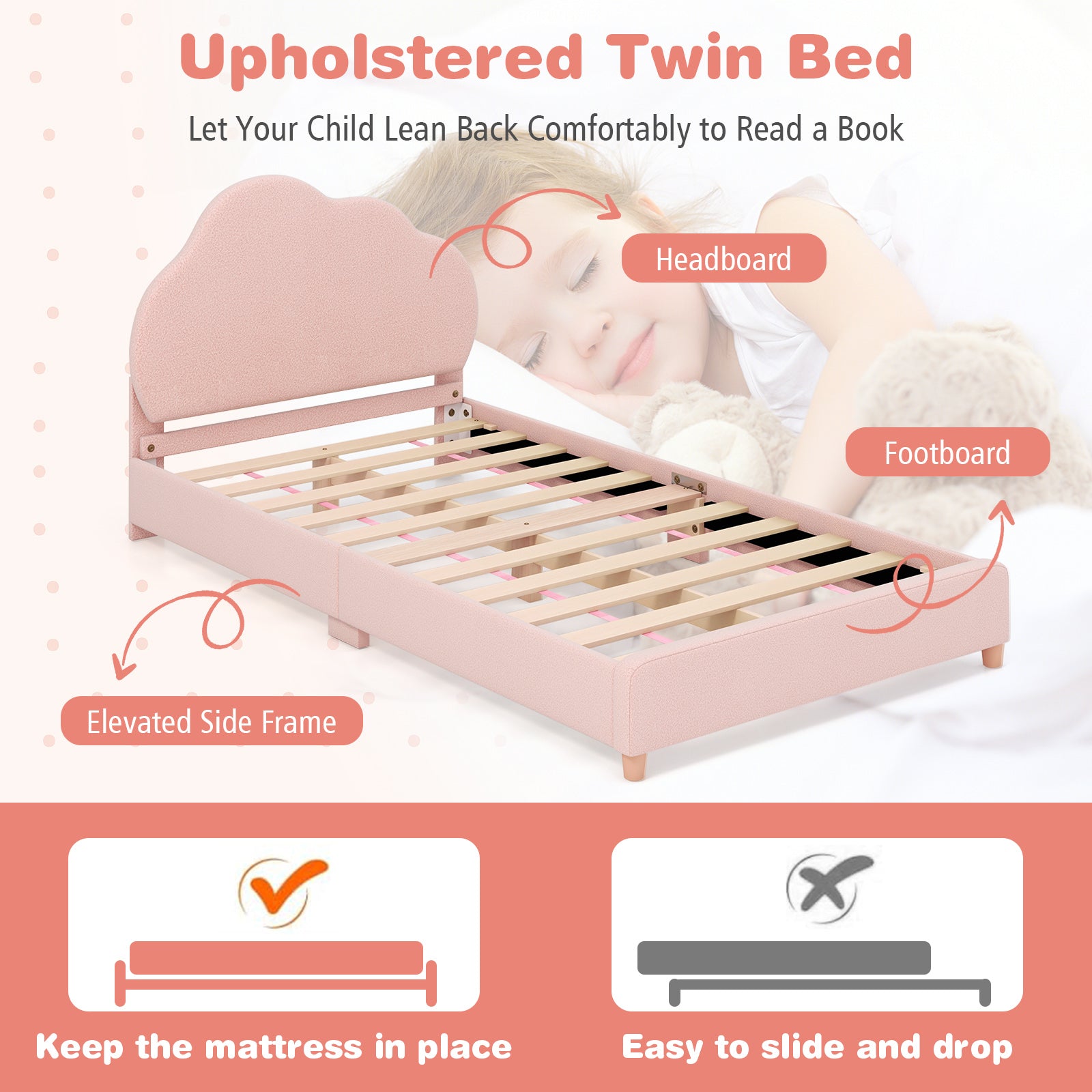 Twin Bed Frame with Height-Adjustable Headboard and Sturdy Wooden Slats-Gradient Pink