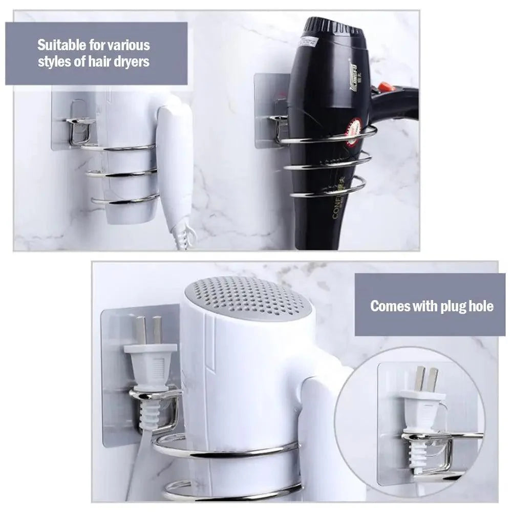Unique Designed Hair Dryer Holder Blower Organizer Adhesive Wall Mounted Nail Free No Drilling Stainless Steel Stand Tool For Bathroom Bedroom