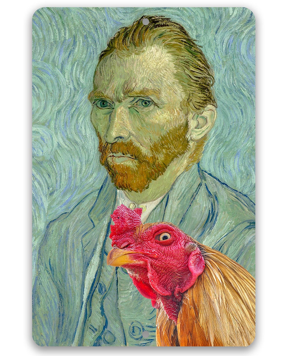 Vincent Van Gogh Self Portrait Painting - Interrupted by Rooster - Metal Sign