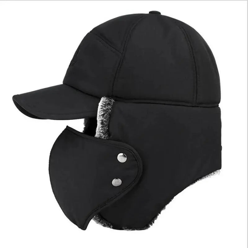 Winter Thermal Black Hat Fashion Ear Protection Face Windproof Adjustable Ski Cap Thicken Outdoor Hat