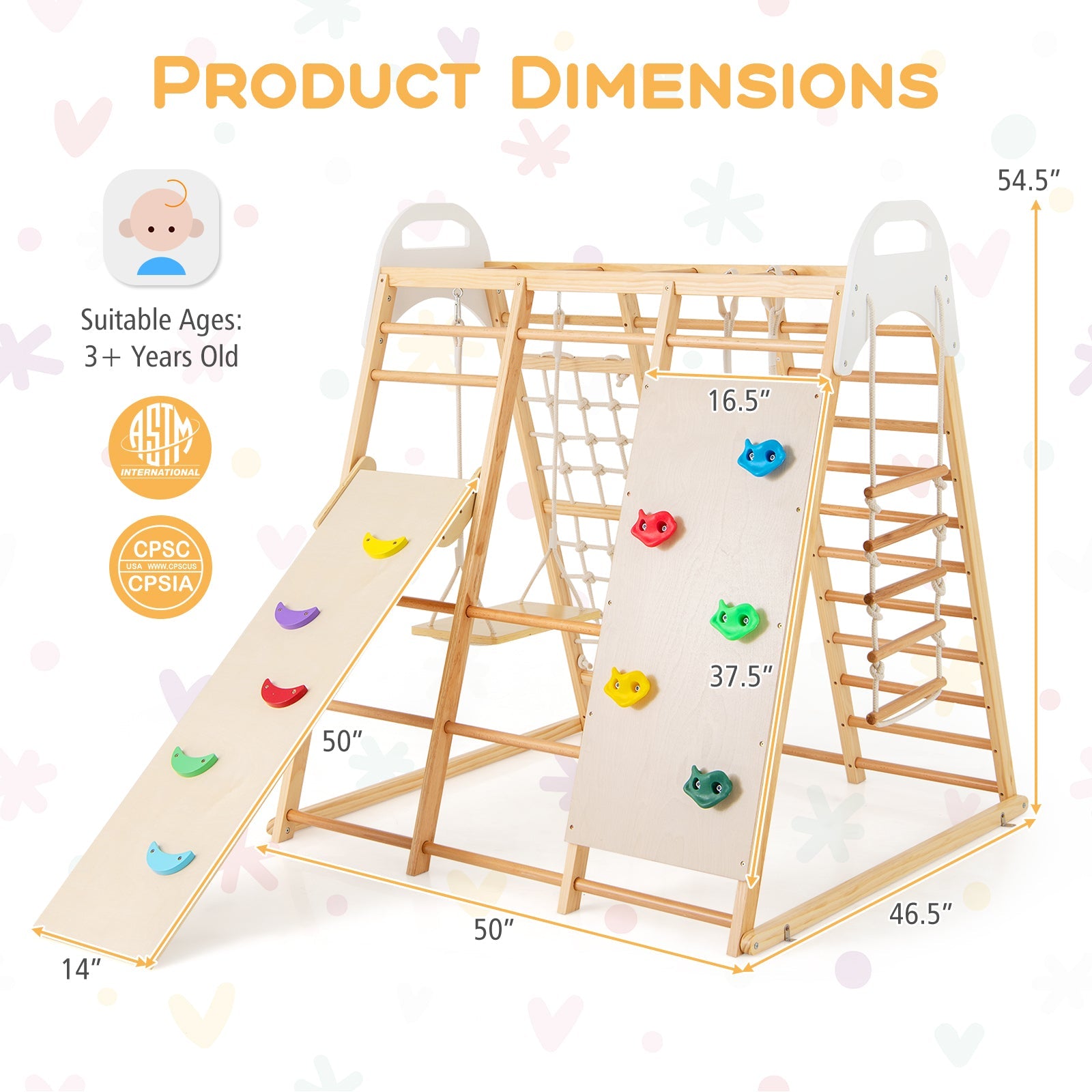 8-in-1 Wooden Jungle Gym Playset with Slide and Monkey Bars-Natural
