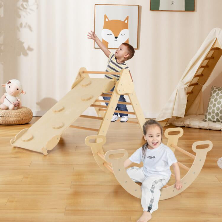 5-in-1 Wooden Kids Climber Toys with Triangle Arch Ramp-Natural