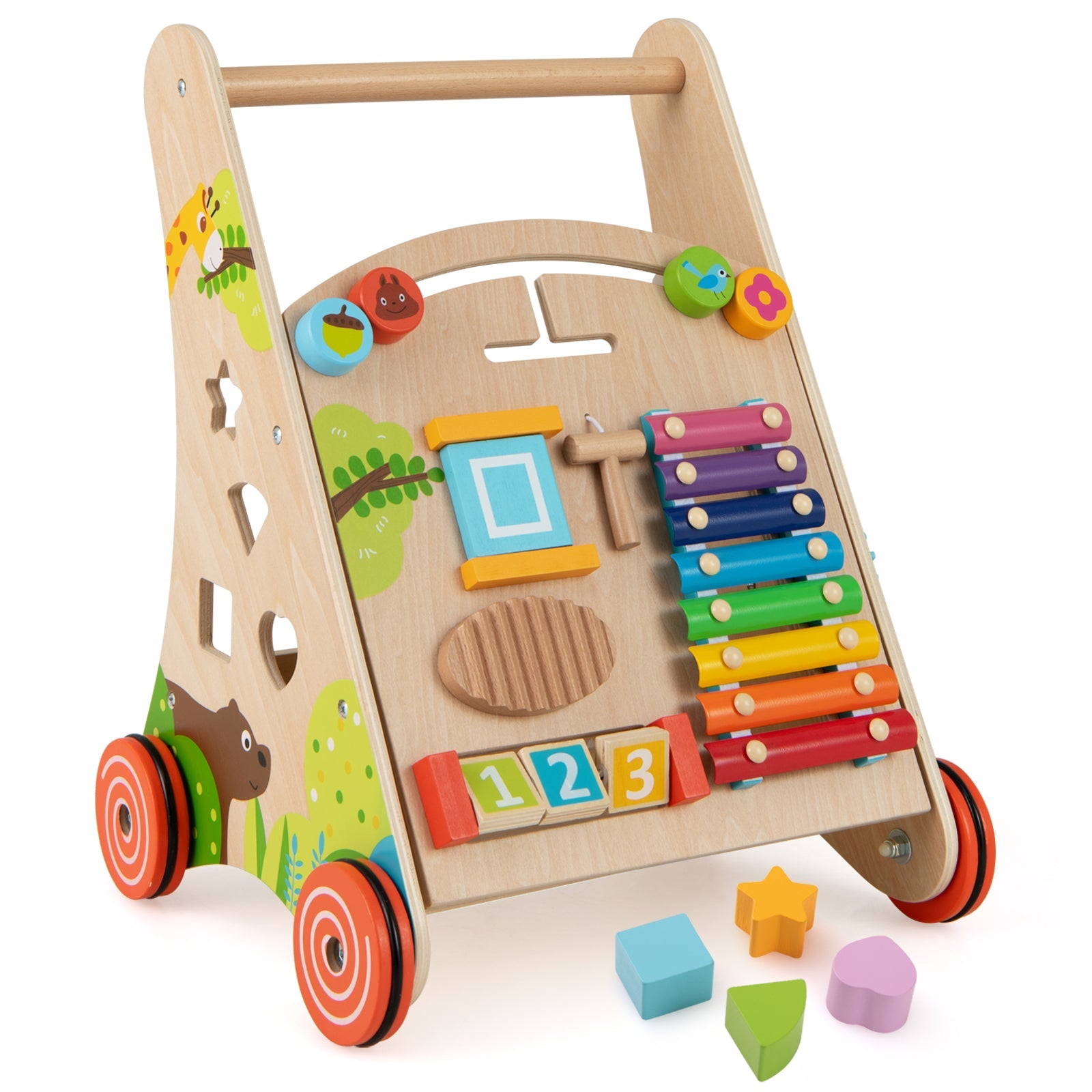Wooden Push and Pull Baby Walker with Handle and Storage-Natural